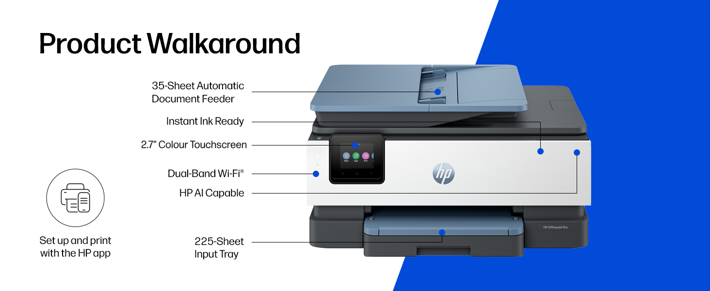 Text reads 'Product Walkaround' with technical specifications. Flat lay of black and white multifunction office device/printer with labeled dimensions and features on blue background.
