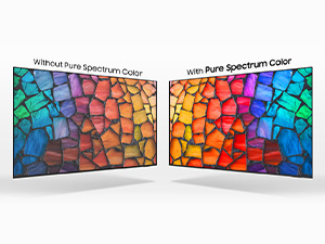 Two colorful abstract digital art prints or displays showing geometric rainbow mosaic patterns with curved edges against white background.