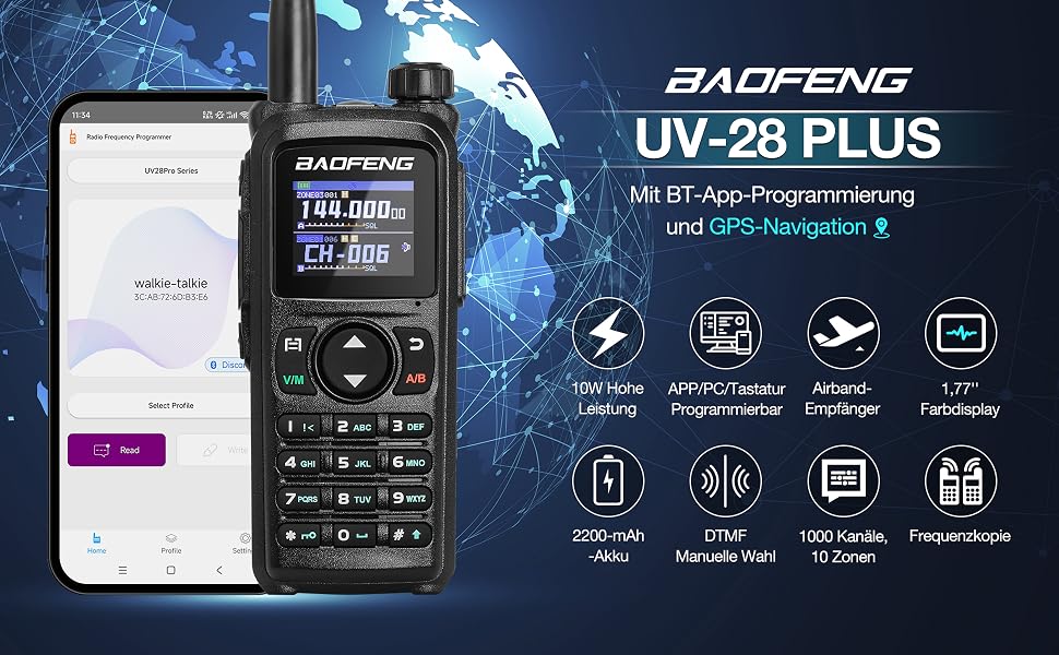 Baofeng UV-28 Plus handheld radio with digital display, keypad, and antenna. Features include GPS navigation, 10W transmission power, and programmable channels. Shown next to a smartphone with map application.