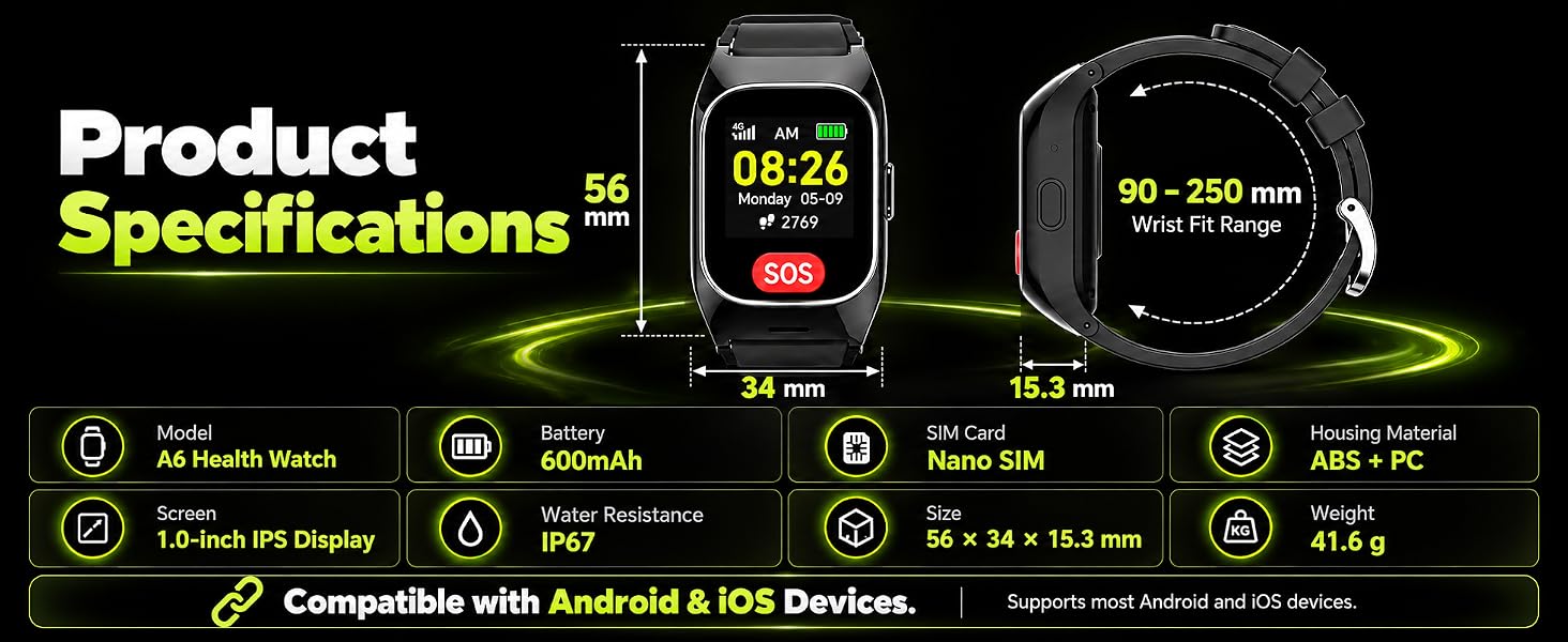 Text reads "KEY FEATURES" at top in yellow. Circular feature icons with green accents displaying smartwatch functions including fitness tracking, heart rate monitoring, multiple sports modes, water resistance, and health metrics on dark background.