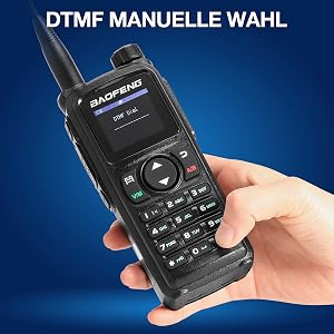 Baofeng handheld radio with 1.77-inch color display showing frequency and channel. Device features large screen, antenna, and control buttons. Close-up of display highlights readability.
