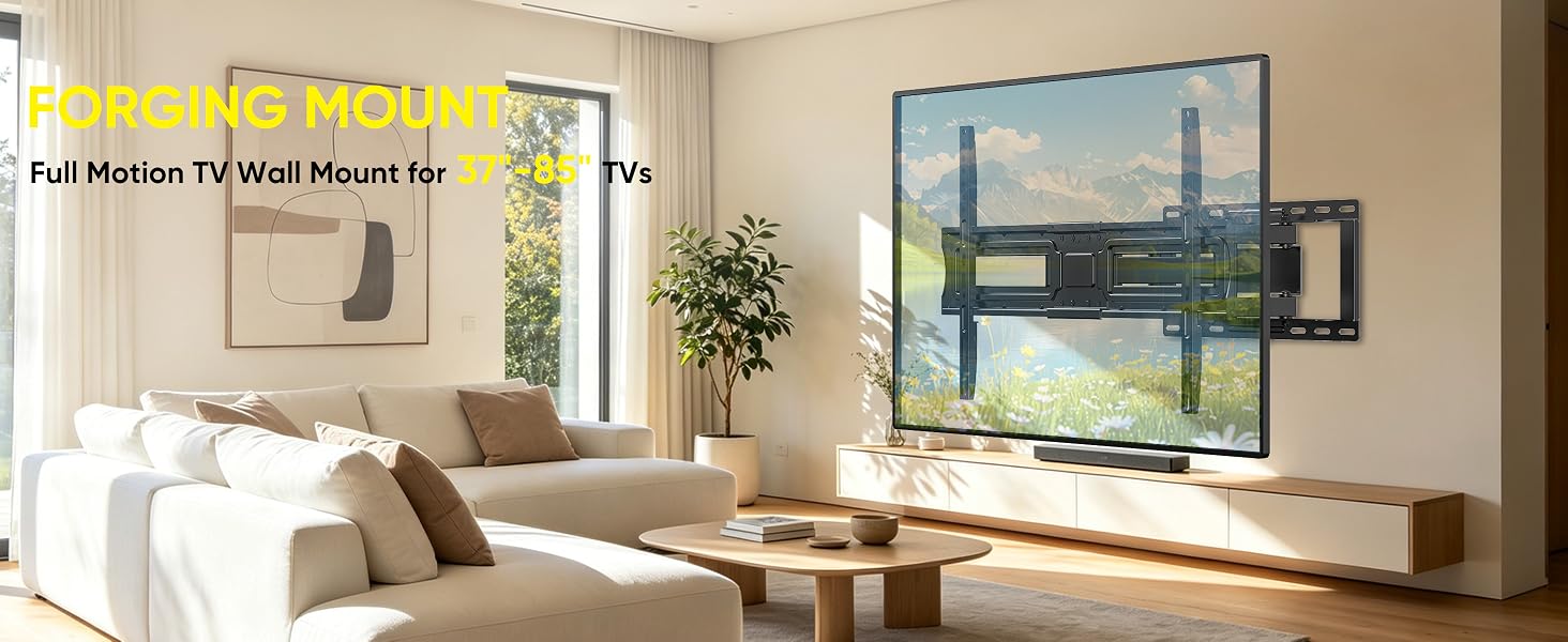 Text reads 'Full Motion TV Wall Mount'. Modern living room with wall-mounted television on articulating bracket above entertainment console with decorative items.