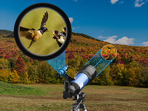Text reads '6x' on left side and '198x' on right side with 'HD Binoculars magnification' label. Binoculars product showing magnification comparison with moon imagery in center panel against black background.