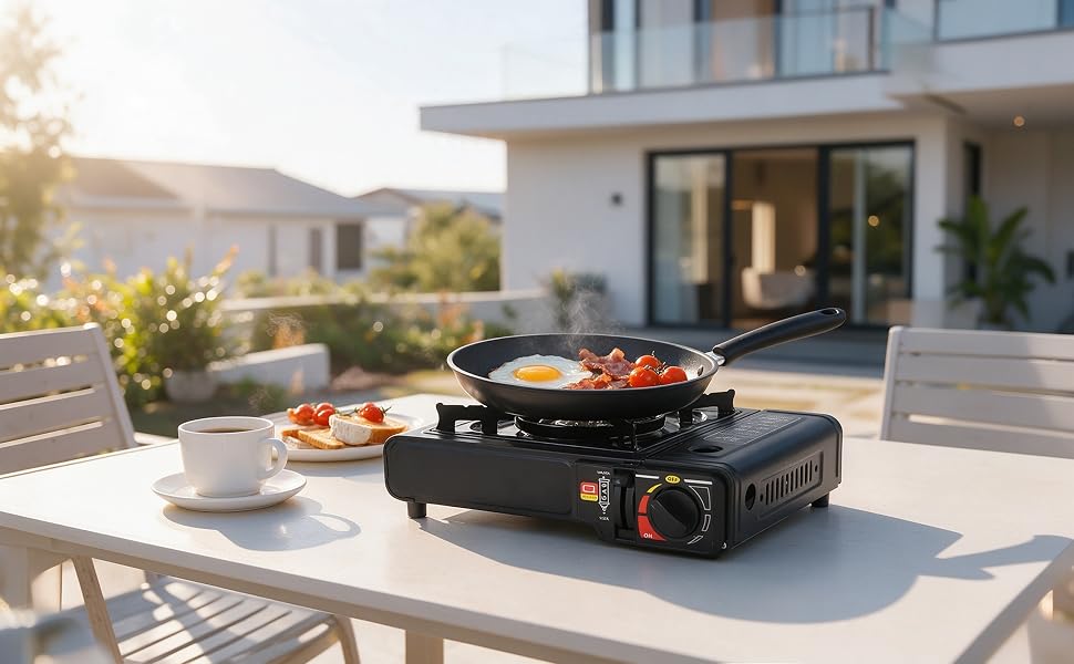 Black camping cookware set with portable burner on outdoor picnic table, featuring single pan heating setup with food preparation in nature setting.