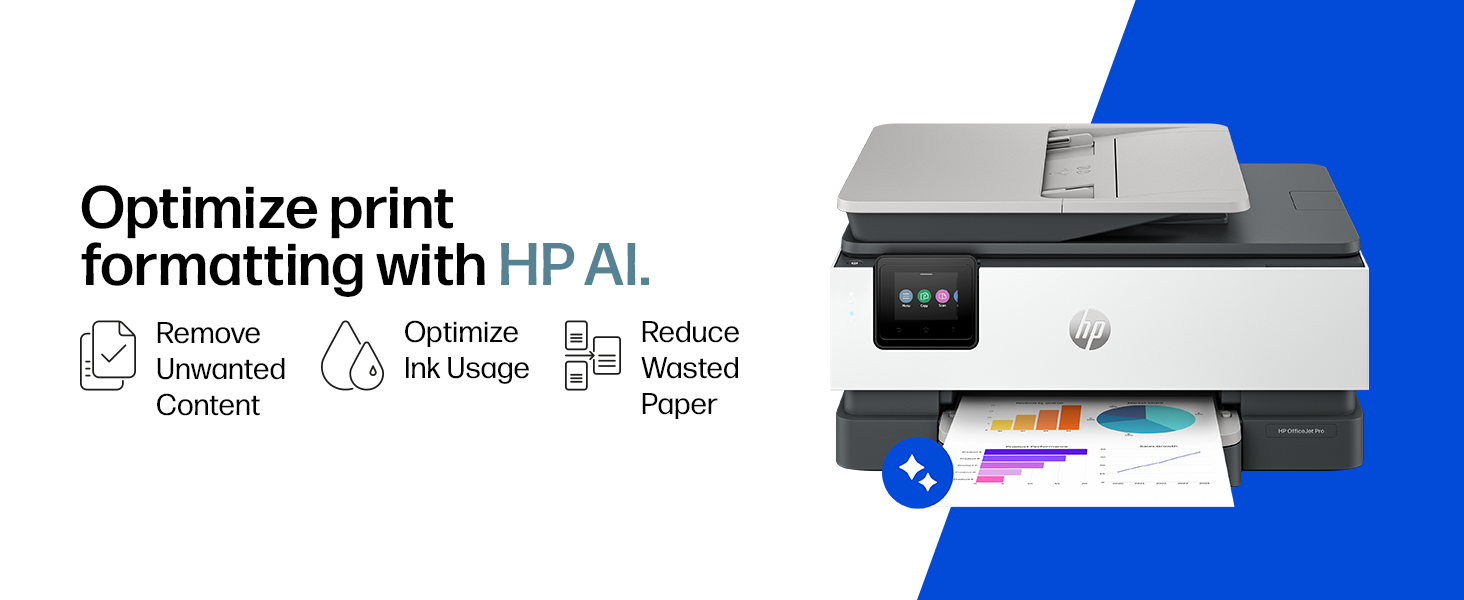 Text reads 'Optimize print formatting with HP AI', 'Remove', 'Optimize', 'Reduce', 'Enhance', 'Content', 'Size', 'Image', 'Paper'. HP printer displayed with blue background showing AI optimization features for print formatting.