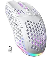 Black gaming mouse with honeycomb perforated design, green RGB side lighting, includes white USB wireless receiver dongle below, with cyan underglow accent visible.