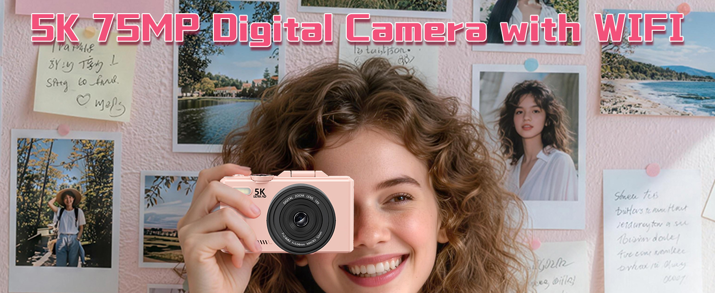 Text reads '5K 75MP Digital Camera with WiFi'. Multiple demonstration shots showing camera usage in different settings including outdoor and indoor photography.