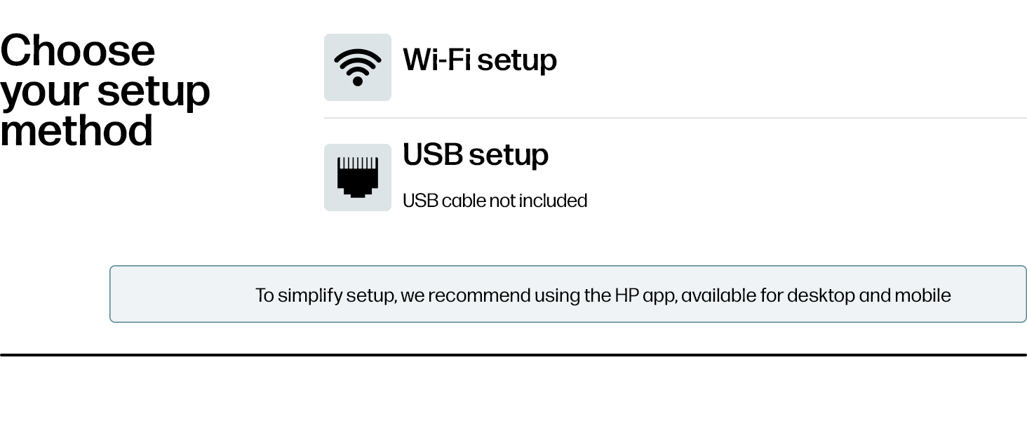 Text reads 'Choose your setup', 'WiFi Firetop', 'USB setup'. Setup instruction display showing two connection method options with WiFi and USB icons.
