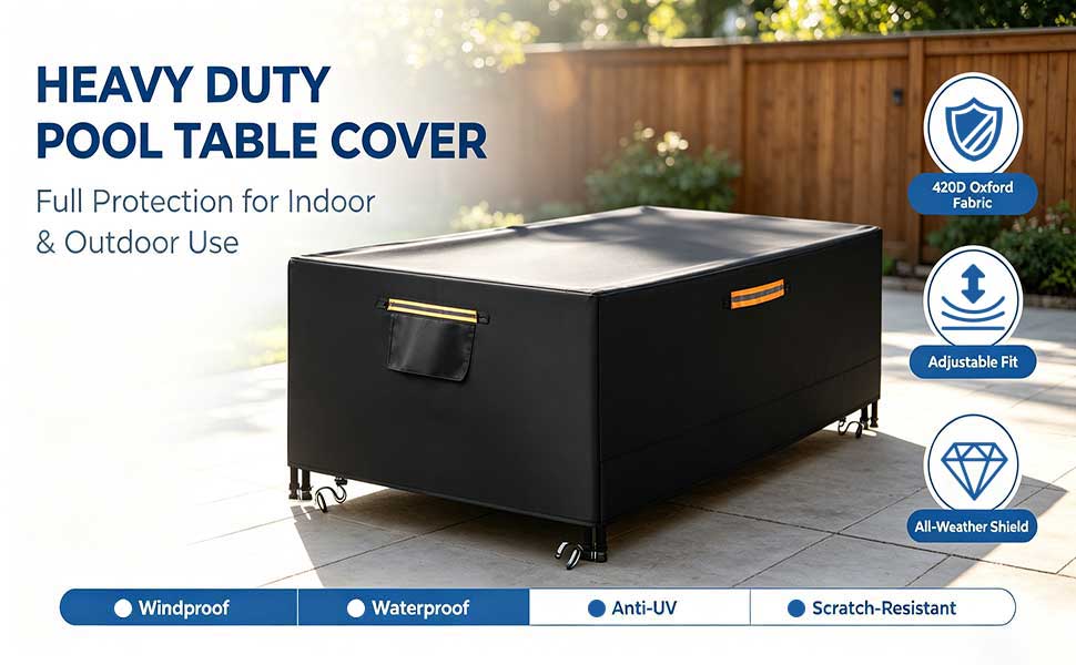 Text reads "HEAVY DUTY POOL TABLE COVER" and "Full Protection for Indoor & Outdoor Use." Black rectangular pool table cover with protective features highlighted by icons below.