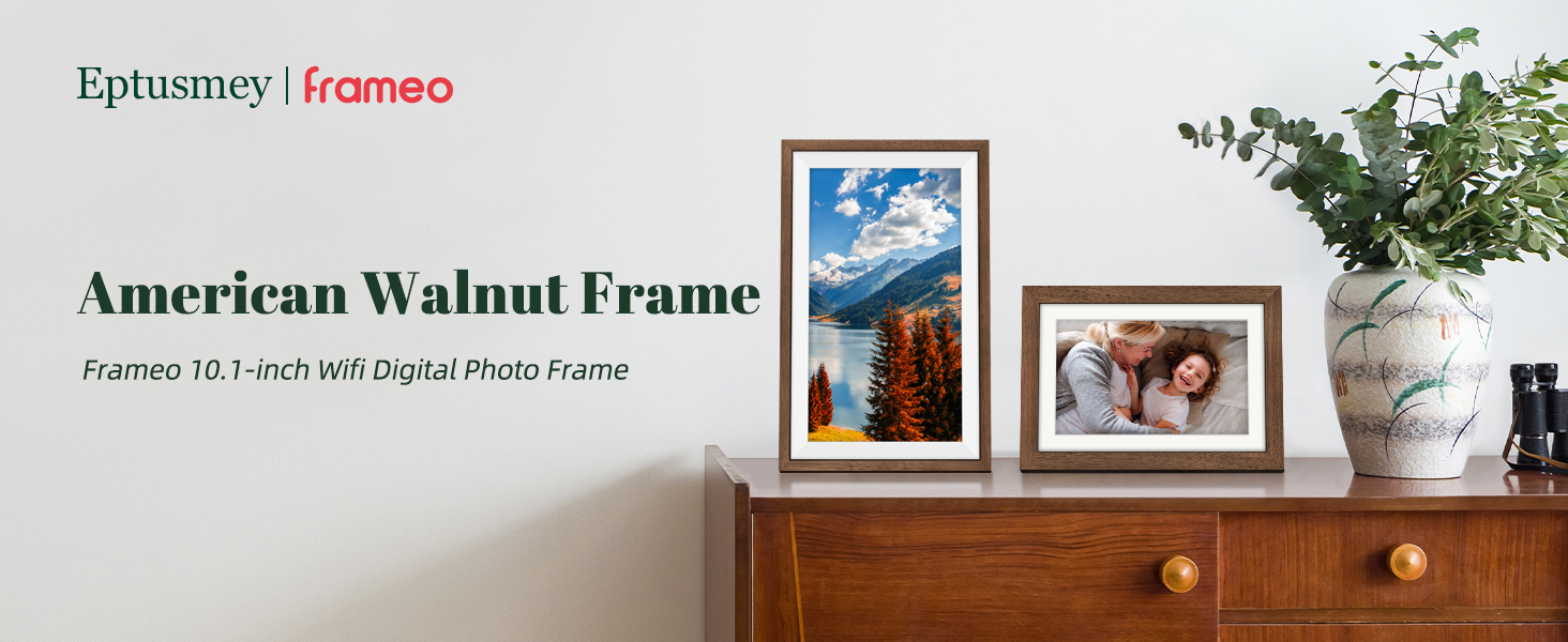 Text reads 'Optimism | Grandeco', 'American Walnut Frame', 'Perfect for Vivid and Digital Photo Frames'. Wooden shelf displaying framed photos in various sizes.